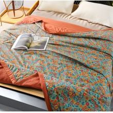 水帛冰氧棉繁花夏凉被单人双人时尚印花夏凉被春夏必备亲肤柔软 橘青色 150x200cm
